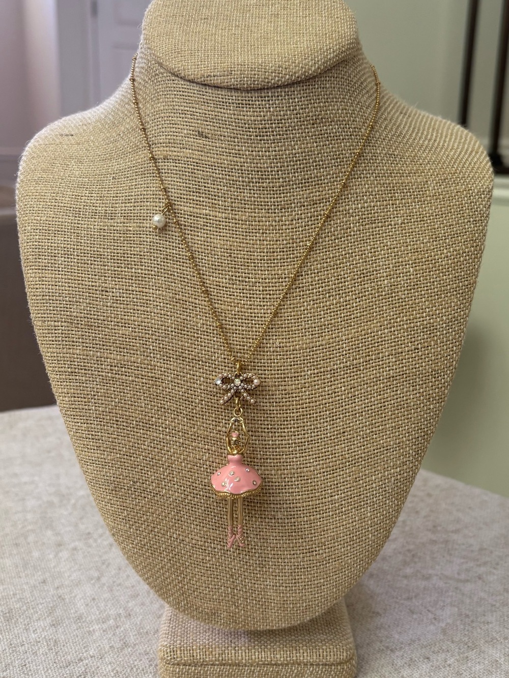 Betsey Johnson Gold-Tone Pink Ballerina Pendant Necklace with Crystal Bow